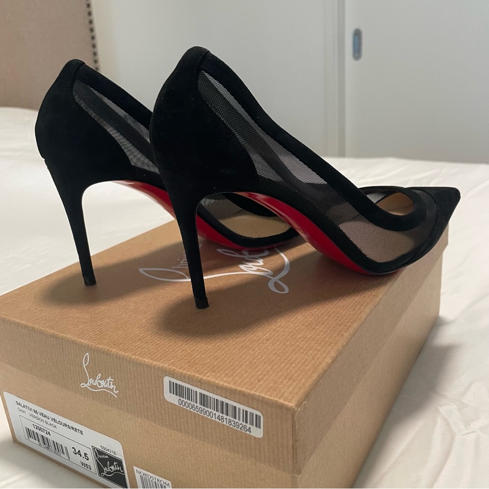 Christian Louboutin Galaviti 85 Black Mesh and Suede Stiletto Pumps, Sz 34.5